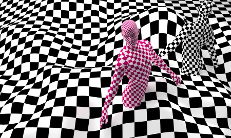 Checkered composition with Black end Red checkered people made in 3dの写真素材