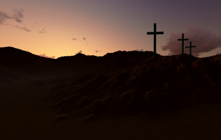 Dramatic sky silhouettes three wooden crosses with shafts of sunlight breaking through the cloudsの写真素材