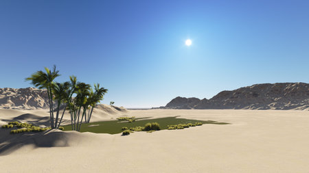 Oasis in the desert made in 3d softwareの写真素材