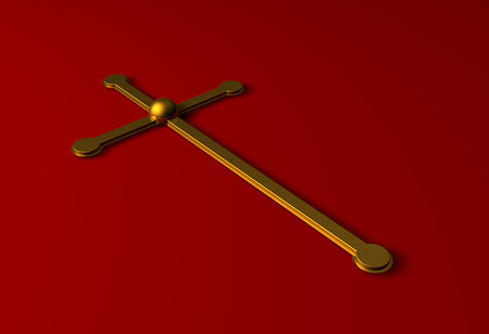 Gold cross on red background made in 3dの写真素材