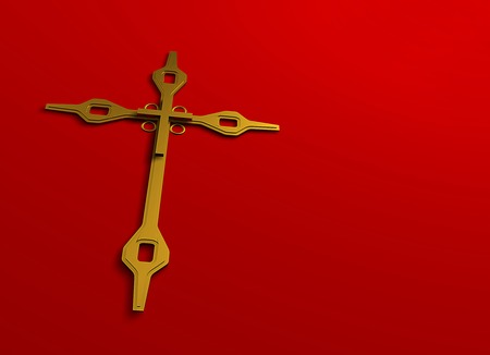 Gold cross on red background made in 3dの写真素材