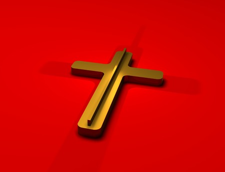 Gold cross on red background made in 3dの写真素材