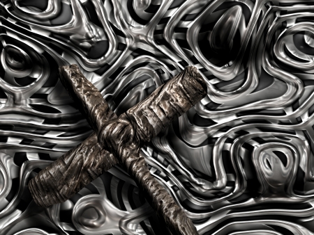 Cross on the strange wall made in 3dの写真素材