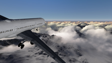 White passenger plane flying in the blue sky above the mountains made in 3d software