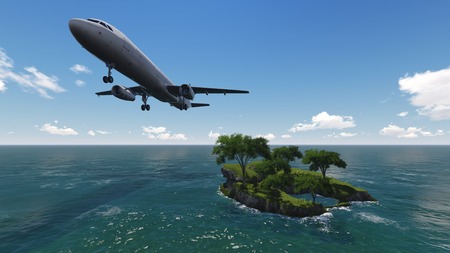 White passenger plane flying in the  sky made   in 3d softwareの写真素材