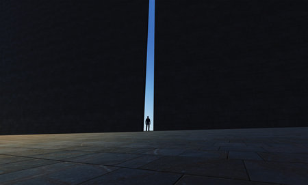 A lonely person walking through a narrow passage made in 3d software