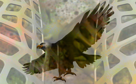 double exposure of eagle with metal element made in 3dの写真素材