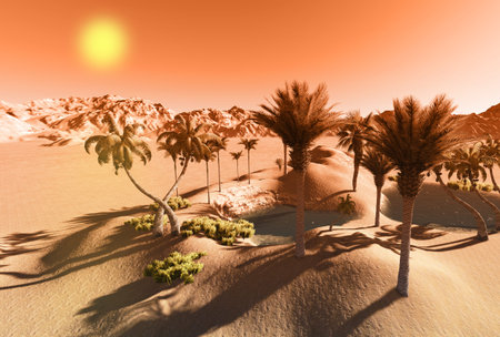 Oasis in the desert made in 3d softwareの写真素材