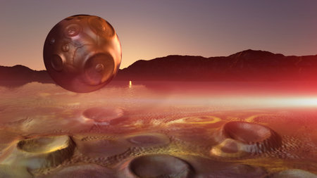 surreal alien landscape with planet made in 3d software