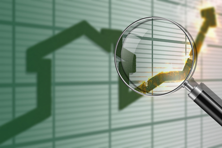 3d render of rising arrow, shaped like a houseの写真素材
