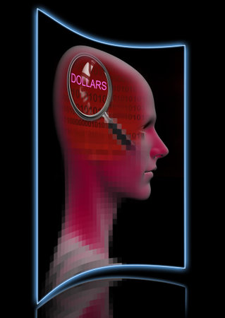 profile of a man with close up of magnifying glass on DOLLARS  made in 3d software