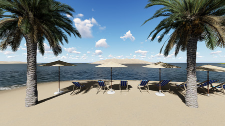 chairs under an umbrella at the beach by sunny day and  palm trees - 3D renderの写真素材