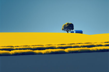 superb minimalism, aesthetic, landscape, summer, blue and yellow created by generative AIの素材