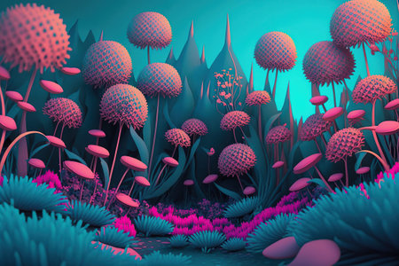 beautiful fantasy flower garden with cyan pink floral nature color scheme in 3d art style created by generative AIの素材