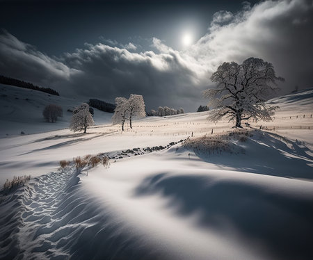 romantic white snowy path in a winter landscape illuminated by the morning sun created by generative AIの素材