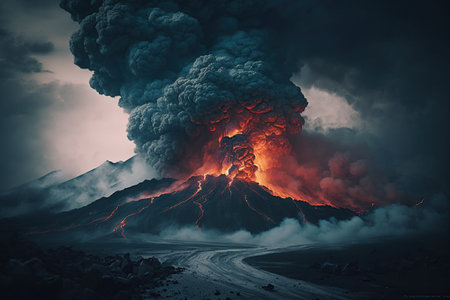 Massive volcanic eruption. Boiling lava flows from the crater. Smoke rises from the volcano. A natural phenomenon created with Generative Ai technologyの素材