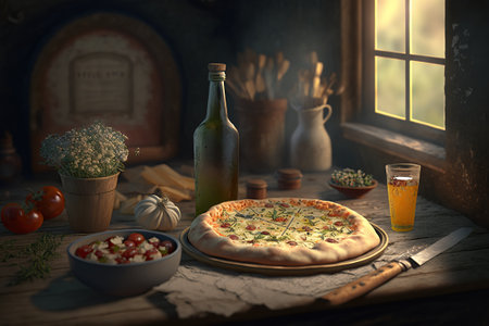 Delicious homemade italian pizza on a table in a village house created by generative AIの素材