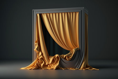 silk curtain draped over large rectangle very simple wooden frame for picture on dark background created by generative AIの素材