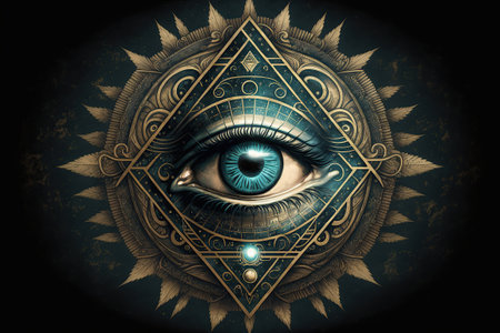 All seeing eye in sacred geometry triangle, masonry and illuminati symbol created by generative AIの素材