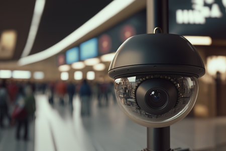 Close - up of a security camera monitoring of a busy shopping center created by generative AIの素材
