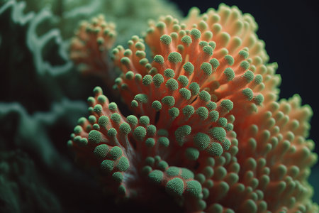 close-up of orange & green hued coral created by generative AIの素材