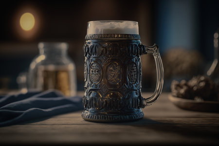 Beer mug on a table, close up. Oktoberfest, Munich. German beer festival created by generative AIの素材