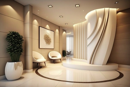 Environment, small lobby, white curved feature wall, white linear paneling, warm lighting, beige terazzo floor created by generative AIの素材