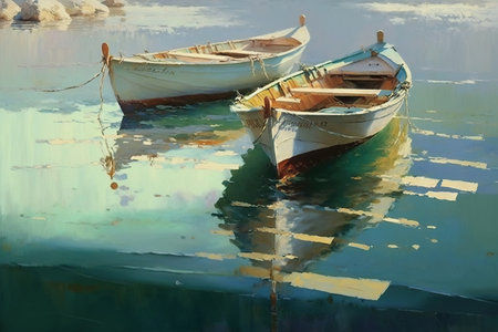 oil painting of colourful boats. Modern Art created by generative AIの素材