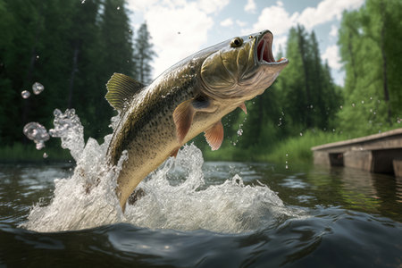 Wild fish jumping out of river water in a forest created by generative AIの素材