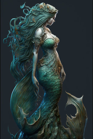underwater fantasy world beautiful mermaid with tail in ocean created by generative AIの素材