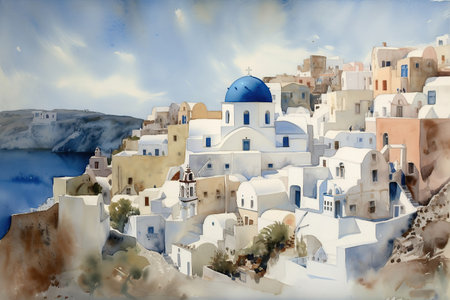 Watercolor painting of greece, islands created by generative AIの素材