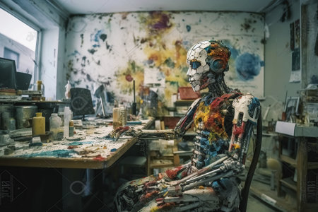 Cyborg Ai robot artist, painting and paints created by generative AIの素材