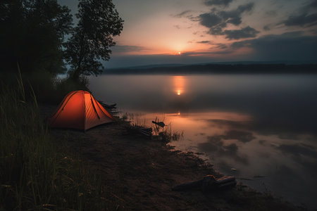 Camping in nature in a picturesque location far from civilization. Beautiful bay coast. Overnight in a tent on the coast created by generative AIの素材