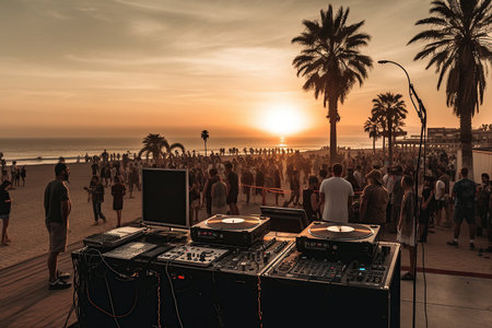 Night beach music party with close up DJ turntable and  dancing people having fun on outdoor background created by generative AIの素材