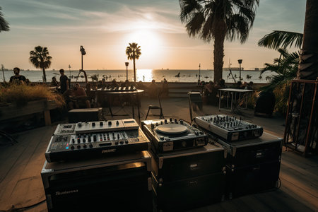 Night beach music party with close up DJ turntable and  dancing people having fun on outdoor background created by generative AIの素材