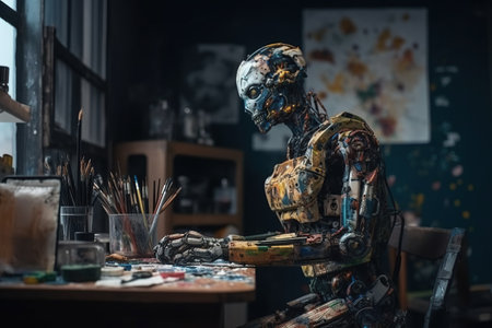Cyborg Ai robot artist, painting and paints created by generative AIの素材