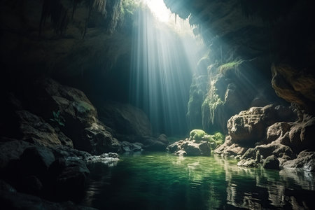Sun Light into the Underwater Cave created by generative AIの素材