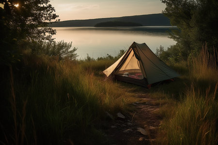 Camping in nature in a picturesque location far from civilization. Beautiful bay coast. Overnight in a tent on the coast created by generative AIの素材