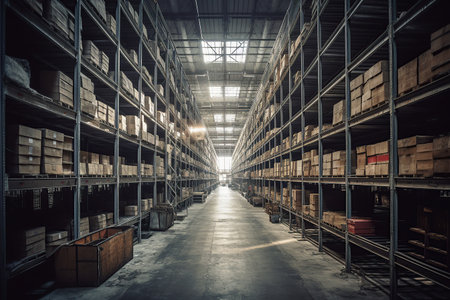 Large industrial warehouse with shelves full of goods created by generative AIの素材