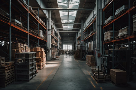 Large industrial warehouse with shelves full of goods created by generative AIの素材