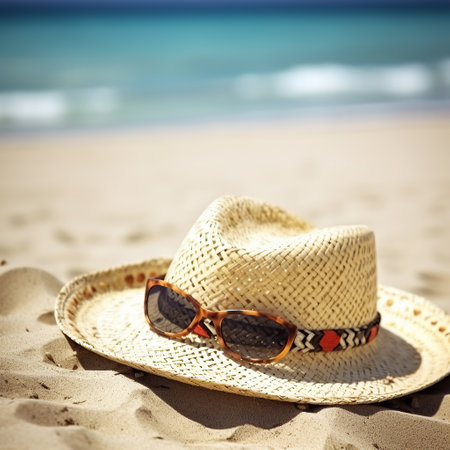 Straw hat, sun glasses on tropical beach created by generative AIの素材