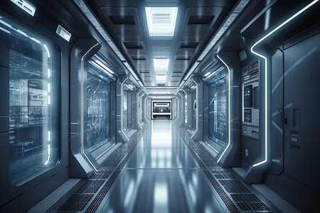 Futuristic spaceship interior corridor created by generative AIの素材