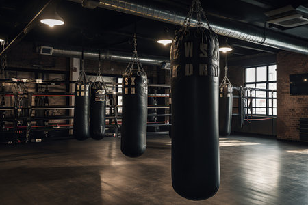 Boxing ring in the gym. Place for martial arts. Punching bags created by generative AIの素材
