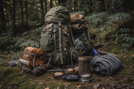 Essential Gear for Wilderness Mountain Hiking: Camping Equipment and Accessories created by generative AIの素材