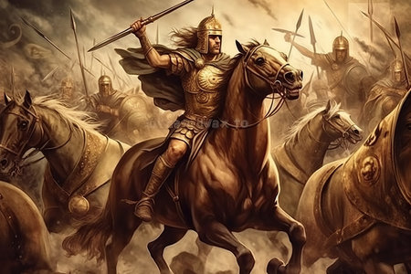 Alexander the Great riding horseback, wielding a sword mid-battle. Medieval warfare artwork of an ancient Greek king and warrior leading his military troops in battle  created by generative AIの素材