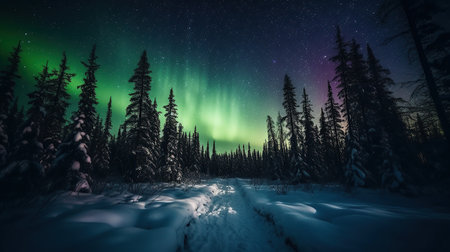 Aurora on the night sky, winter created by generative AIの素材