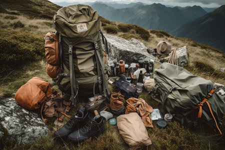 Essential Gear for Wilderness Mountain Hiking: Camping Equipment and Accessories created by generative AIの素材