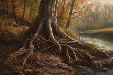 the roots of a tree near fallen leavs created by generative AIの素材
