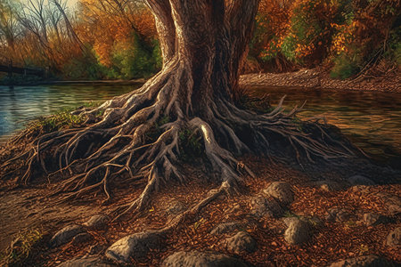 the roots of a tree near fallen leavs created by generative AIの素材