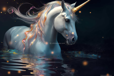 Pretty unicorn standing in water ,magical fantasy created by generative AIの素材